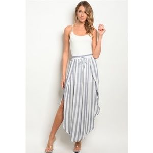 White and Blue Stripe Flowy Side Slit Pants